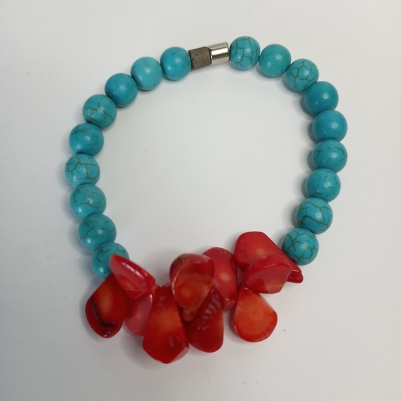 Set of 2 Womens Necklace Stone Bracelet, Turquoise Coral  Nautical Boho Red - Picture 3 of 6